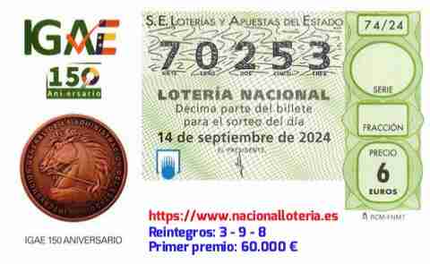 Primer premio de la Lotería del Sábado 14 de Septiembre de 2024