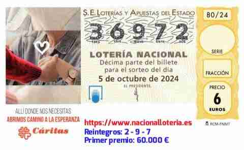 Primer premio de la Lotería del Sábado 5 de Octubre de 2024