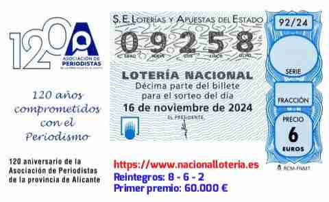 Primer premio de la Lotería del Sábado 16 de Noviembre de 2024