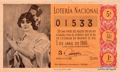 Décimo de Lotería Nacional de 1960 Sorteo 10 - DOS SEVILLANAS (FRAGMENTO)  SOROLLA