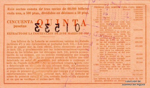 Reverso del décimo de Lotería Nacional de 1960 Sorteo 10