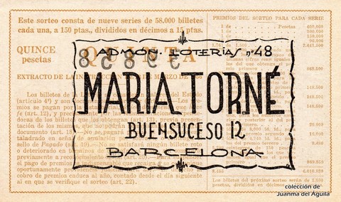 Reverso del décimo de Lotería Nacional de 1960 Sorteo 12