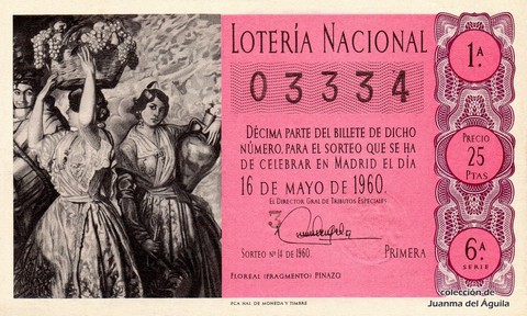 Décimo de Lotería Nacional de 1960 Sorteo 14 - FLOREAL (FRAGMENTO)  PINAZO