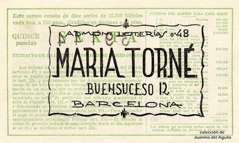 Reverso del décimo de Lotería Nacional de 1960 Sorteo 15