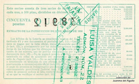 Reverso del décimo de Lotería Nacional de 1960 Sorteo 16