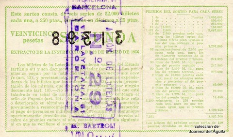 Reverso del décimo de Lotería Nacional de 1960 Sorteo 17