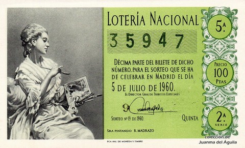 Décimo de Lotería Nacional de 1960 Sorteo 19 - SRA PINTANDO  R.MADRAZO