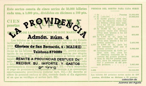 Reverso del décimo de Lotería Nacional de 1960 Sorteo 19