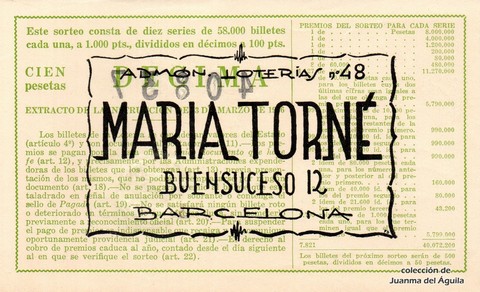 Reverso del décimo de Lotería Nacional de 1960 Sorteo 1