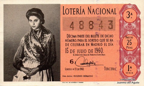 Décimo de Lotería Nacional de 1960 Sorteo 20 - UNA ROSA  EUGENIO HERMOSO