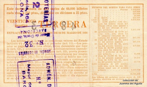 Reverso del décimo de Lotería Nacional de 1960 Sorteo 20