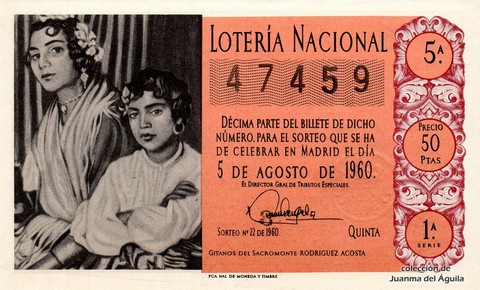 Décimo de Lotería Nacional de 1960 Sorteo 22 - GITANOS DEL SACROMONTE  RODRIGUEZ ACOSTA