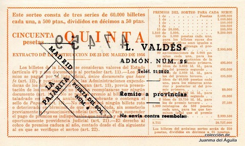 Reverso del décimo de Lotería Nacional de 1960 Sorteo 22