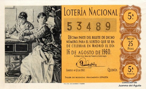 Décimo de Lotería Nacional de 1960 Sorteo 23 - TALLER DE MODISTAS (FRAGMENTO)  IZPALETA