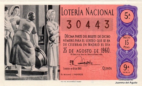 Décimo de Lotería Nacional de 1960 Sorteo 24 - EL MOLINO  J.VALVERDE