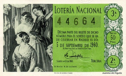 Décimo de Lotería Nacional de 1960 Sorteo 25 - EL ROCÍO  R. DE GUZMAN 