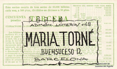 Reverso del décimo de Lotería Nacional de 1960 Sorteo 25