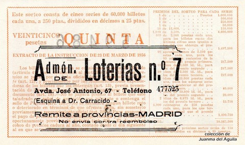 Reverso del décimo de Lotería Nacional de 1960 Sorteo 26