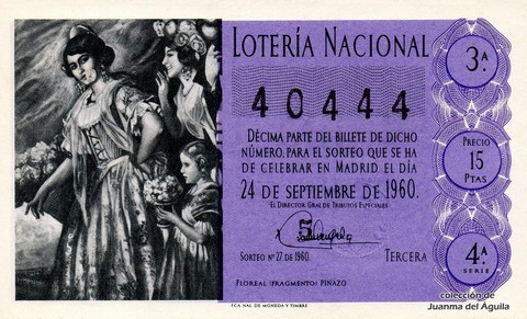 Décimo de Lotería Nacional de 1960 Sorteo 27 - FLOREAL (FRAGMENTO)  PINAZO