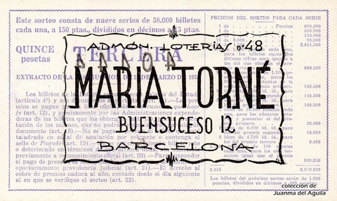 Reverso del décimo de Lotería Nacional de 1960 Sorteo 27