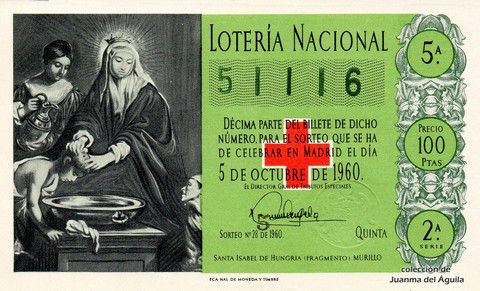 Décimo de Lotería Nacional de 1960 Sorteo 28 - SANTA ISABEL DE HUNGRIA (FRAGMENTO)  MURILLO