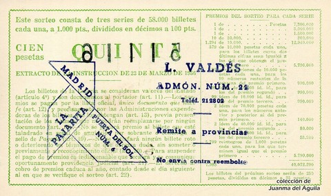 Reverso del décimo de Lotería Nacional de 1960 Sorteo 28