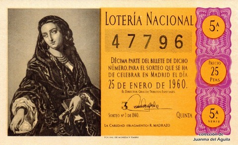 Décimo de Lotería Nacional de 1960 Sorteo 3 - LA CARIDAD (FRAGMENTO) R. MADRAZO