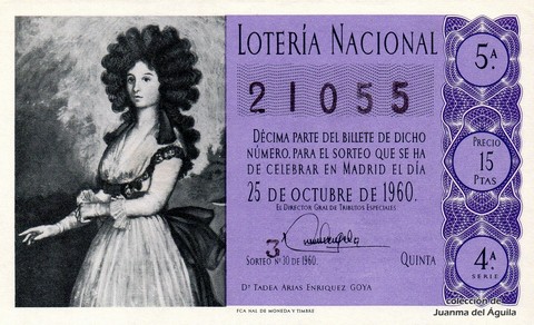 Décimo de Lotería Nacional de 1960 Sorteo 30 - Dña TADEA ARIAS ENRIQUEZ  GOYA