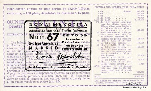 Reverso del décimo de Lotería Nacional de 1960 Sorteo 30