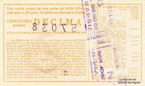 Reverso del décimo de Lotería Nacional de 1960 Sorteo 31