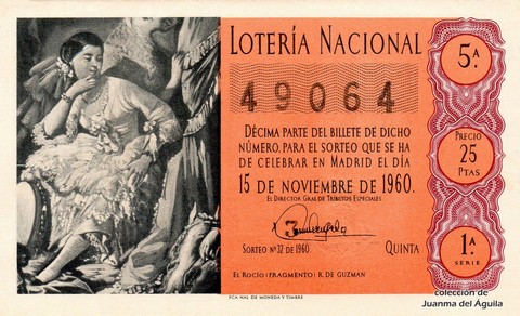 Décimo de Lotería Nacional de 1960 Sorteo 32 - EL ROCÍO (FRAGMENTO)  R. DE GUZMAN