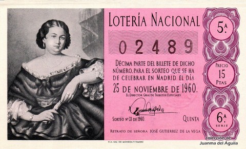 Décimo de Lotería Nacional de 1960 Sorteo 33 - RETRATO DE SEÑORA  JOSÉ GUTIERREZ DE LA VEGA