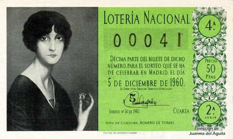 Décimo de Lotería Nacional de 1960 Sorteo 34 - NIÑA DE CÓRDOBA  ROMERO DE TORRES