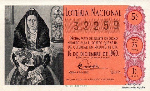 Décimo de Lotería Nacional de 1960 Sorteo 35 - MUCHACHA DE AVILA  EDUARDO CHICHARRO