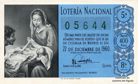 Décimo de Lotería Nacional de 1960 Sorteo 36 - NACIMIENTO (FRAGMENTO)  MURILLO