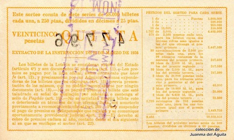 Reverso del décimo de Lotería Nacional de 1960 Sorteo 3