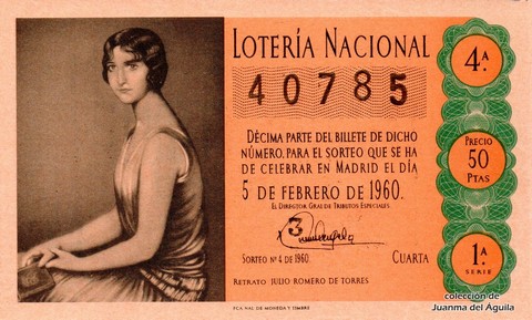 Décimo de Lotería Nacional de 1960 Sorteo 4 - RETRATO JULIO ROMERO DE TORRES