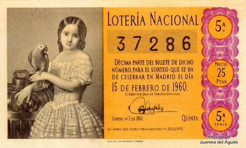 Décimo de Lotería Nacional de 1960 Sorteo 5 - LA NIÑA DEL LORO (FRAGMENTO) A. ESQUIVEL