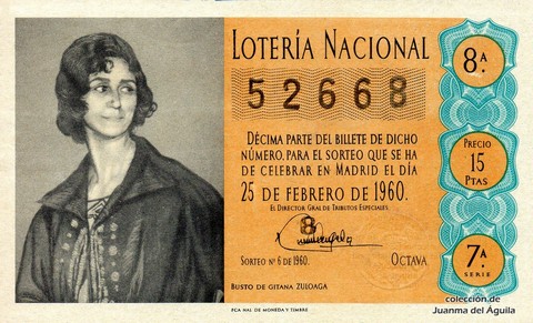 Décimo de Lotería Nacional de 1960 Sorteo 6 - BUSTO DE GITANA  ZULOAGA