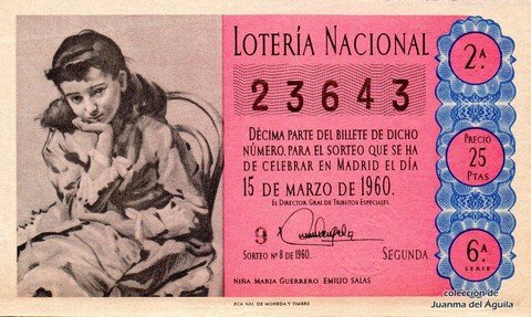 Décimo de Lotería Nacional de 1960 Sorteo 8 - NIÑA MARIA GUERRERO  EMILIO SALAS