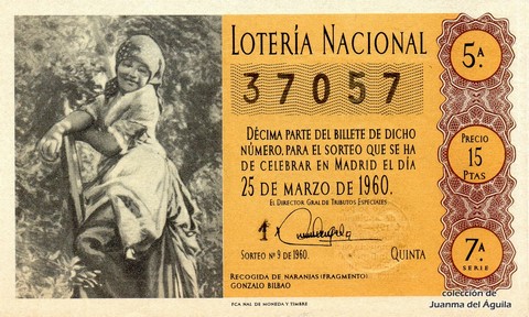 Décimo de Lotería Nacional de 1960 Sorteo 9 - RECOGIDA DE NARANJAS (FRAGMENTO)  GONZALO BILBAO