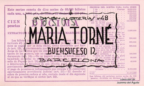 Reverso décimo de Lotería 1961 / 1