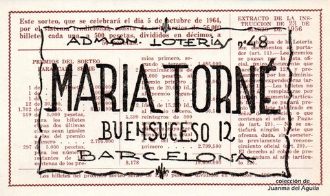 Reverso décimo de Lotería 1964 / 28