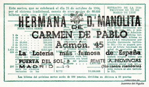 Reverso décimo de Lotería 1964 / 30