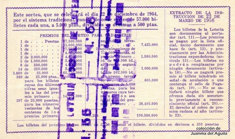 Reverso décimo de Lotería 1964 / 36