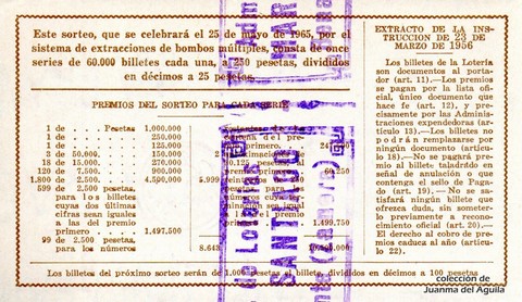 Reverso décimo de Lotería 1965 / 15