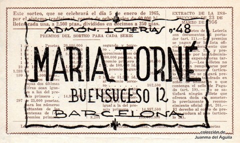 Reverso décimo de Lotería 1965 / 1