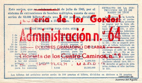 Reverso décimo de Lotería 1965 / 21