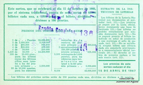 Reverso décimo de Lotería 1966 / 29