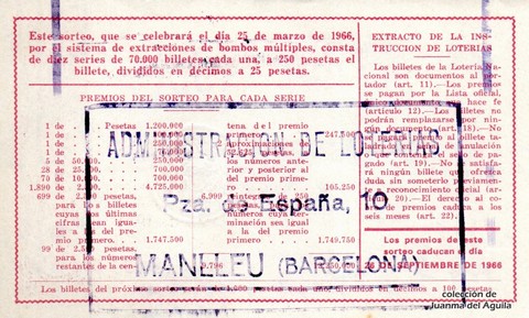 Reverso décimo de Lotería 1966 / 9